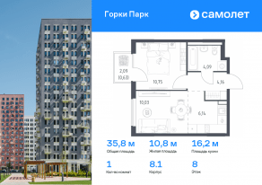 ЖК «Горки Парк», планировка 1-комнатной квартиры, 35.80 м²