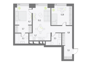ЖК «Upside Towers», планировка 2-комнатной квартиры, 67.90 м²