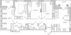 ЖК ЦДС «Dreamline», планировка 3-комнатной квартиры, 100.15 м²