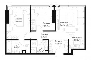 МФК «SLAVA», планировка 2-комнатной квартиры, 61.80 м²