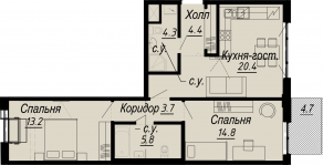 ЖК «Meltzer Hall», планировка 2-комнатной квартиры, 68.00 м²