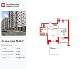 ЖК «Титул в Московском», планировка 1-комнатной квартиры, 35.95 м²