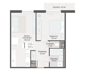 ЖК «Руднева, 15», планировка 1-комнатной квартиры, 44.70 м²