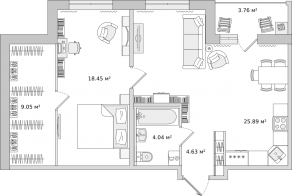 ЖК ЦДС «Dreamline», планировка 1-комнатной квартиры, 65.82 м²