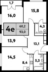 ЖК «Фестиваль парк-2», планировка 4-комнатной квартиры, 93.00 м²