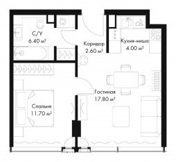 МФК «SLAVA», планировка 1-комнатной квартиры, 42.50 м²
