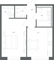 МФК «Равновесие», планировка 1-комнатной квартиры, 38.10 м²