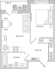 ЖК «Город Первых», планировка 1-комнатной квартиры, 41.40 м²