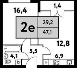 ЖК «Фестиваль парк-2», планировка 2-комнатной квартиры, 47.10 м²