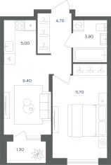 МФК «Равновесие», планировка 2-комнатной квартиры, 35.90 м²