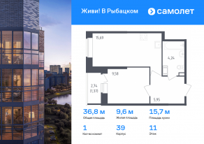 ЖК «Живи! В Рыбацком», планировка 1-комнатной квартиры, 36.83 м²