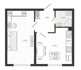 МЖК «Верево-Сити», планировка 1-комнатной квартиры, 40.60 м²