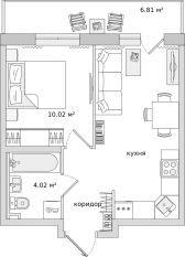 ЖК ЦДС «Новые Горизонты», планировка 1-комнатной квартиры, 34.10 м²