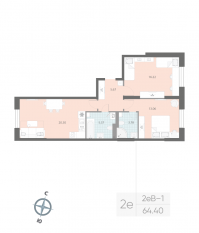 ЖК «Цивилизация на Неве», планировка 2-комнатной квартиры, 64.40 м²