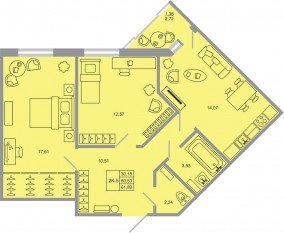 ЖК «Стороны света-2», планировка 2-комнатной квартиры, 61.89 м²
