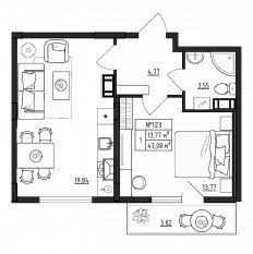 МЖК «Верево-Сити», планировка 1-комнатной квартиры, 43.08 м²