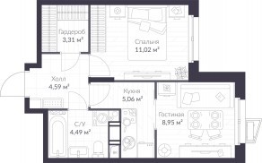 ЖК «Veren Nort сертолово», планировка 1-комнатной квартиры, 37.42 м²