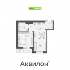 ЖК «Аквилон SKY», планировка 1-комнатной квартиры, 47.00 м²