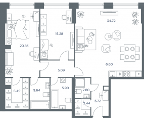 ЖК «iLove», планировка 3-комнатной квартиры, 110.60 м²