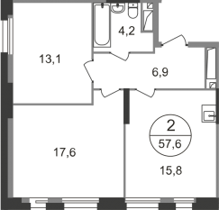 ЖК «Первый Московский», планировка 2-комнатной квартиры, 57.60 м²
