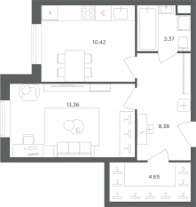 МФК «Равновесие», планировка 1-комнатной квартиры, 40.10 м²