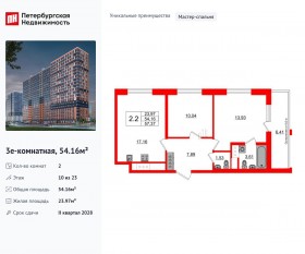 ЖК «Город звезд», планировка 2-комнатной квартиры, 54.16 м²