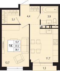 ЖК «Новая Щербинка», планировка 1-комнатной квартиры, 37.20 м²