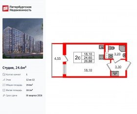 ЖК «Бионика Заповедная», планировка студии, 24.60 м²