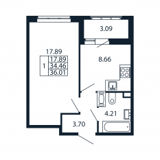 ЖК «Полис Приморский 2», планировка 1-комнатной квартиры, 34.30 м²