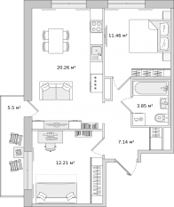 ЖК «Parkolovo», планировка 2-комнатной квартиры, 59.01 м²