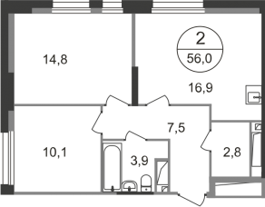 ЖК «Первый Московский», планировка 2-комнатной квартиры, 56.00 м²
