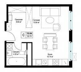 ЖК «Эко Видное 2.0», планировка студии, 33.60 м²