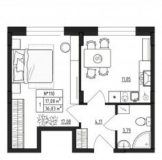 МЖК «Верево-Сити», планировка 1-комнатной квартиры, 36.83 м²