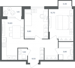МФК «Равновесие», планировка 2-комнатной квартиры, 47.30 м²