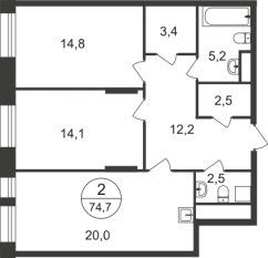 ЖК «Первый Московский», планировка 2-комнатной квартиры, 74.70 м²