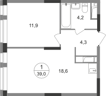 ЖК «Первый Московский», планировка 1-комнатной квартиры, 39.00 м²