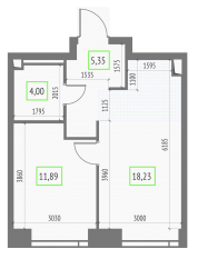 ЖК «Upside Towers», планировка 1-комнатной квартиры, 39.47 м²
