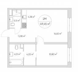 Апарт-комплекс «N'ice loft», планировка 2-комнатной квартиры, 49.50 м²