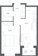 МФК «Равновесие», планировка 1-комнатной квартиры, 35.10 м²
