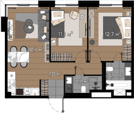 МФК «Зорге 9», планировка 2-комнатной квартиры, 57.90 м²