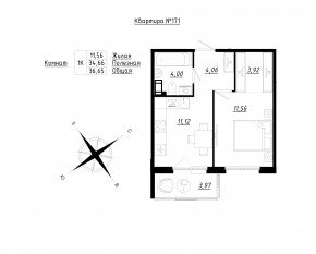 МЖК «Счастье 2.0», планировка 1-комнатной квартиры, 36.65 м²