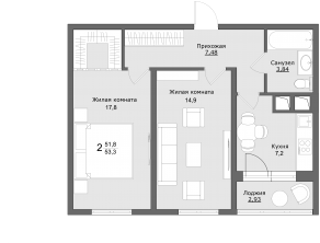 ЖК «Клевер», планировка 2-комнатной квартиры, 53.30 м²