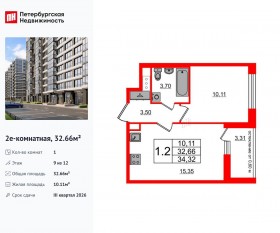 ЖК «Титул в Московском», планировка 1-комнатной квартиры, 32.66 м²