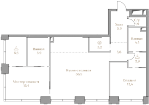ЖК «Luzhniki Collection», планировка 2-комнатной квартиры, 101.10 м²