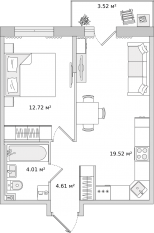 ЖК «Город Первых», планировка 1-комнатной квартиры, 44.39 м²