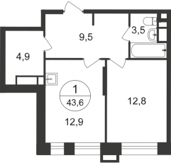ЖК «Первый Московский», планировка 1-комнатной квартиры, 43.60 м²
