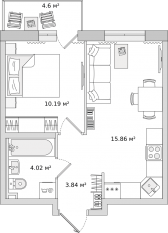 ЖК ЦДС «Новые Горизонты», планировка студии, 33.00 м²