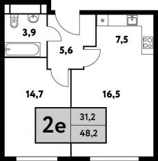 ЖК «Фестиваль парк-2», планировка 2-комнатной квартиры, 48.20 м²