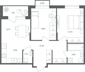 МФК «Равновесие», планировка 3-комнатной квартиры, 49.30 м²