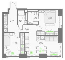 ЖК «Upside Towers», планировка 2-комнатной квартиры, 58.94 м²